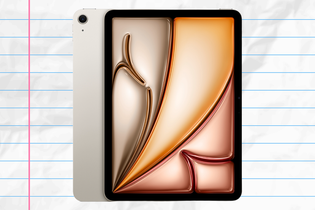 iPad Air (2024) with a warm gold, orange, and red desktop over a crumpled lined binder paper background.