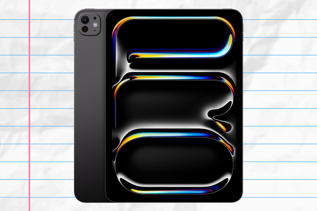 iPad Pro (2024) with a dark background and liquid/prismatic effect over a crumpled lined binder paper background.