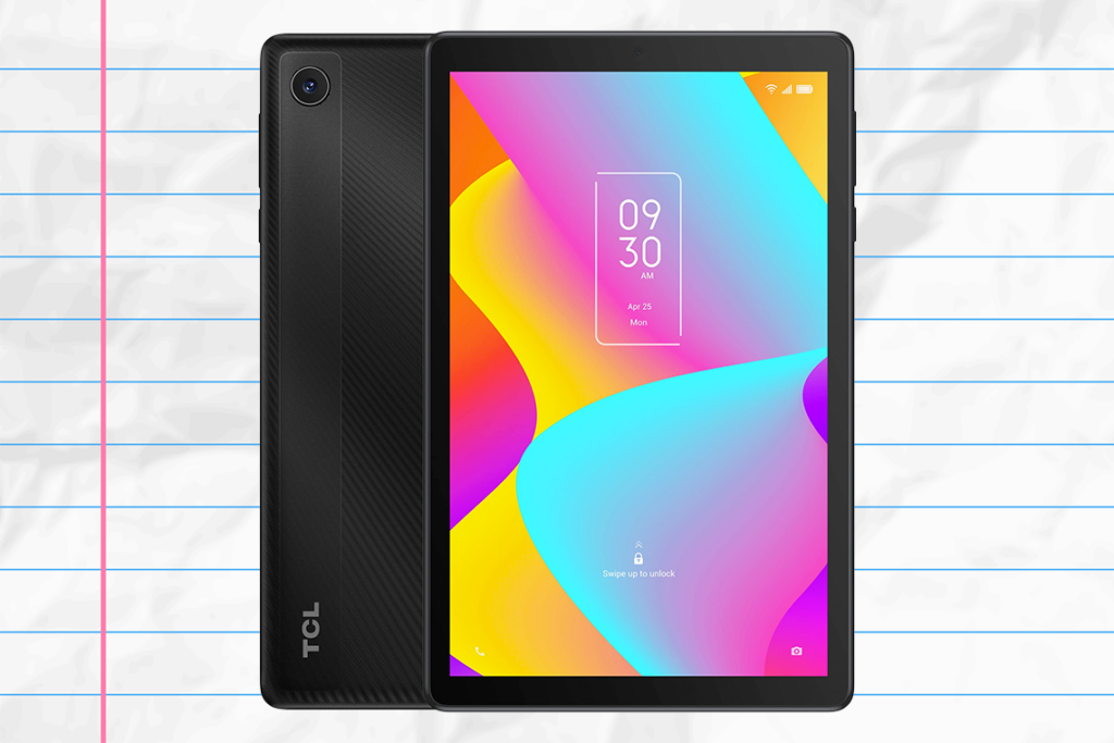 TCL Tab 8 tablet with a colorful pink, orange, yellow, purple, and blue desktop over a crumpled lined binder paper background.