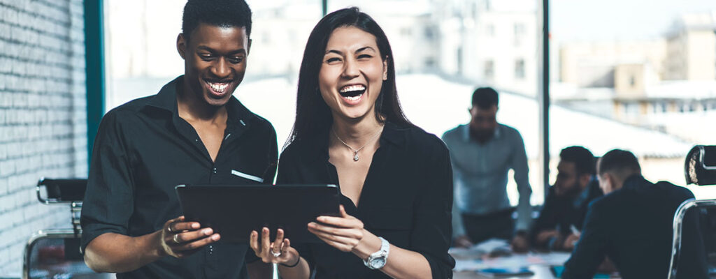 happy coworkers in office