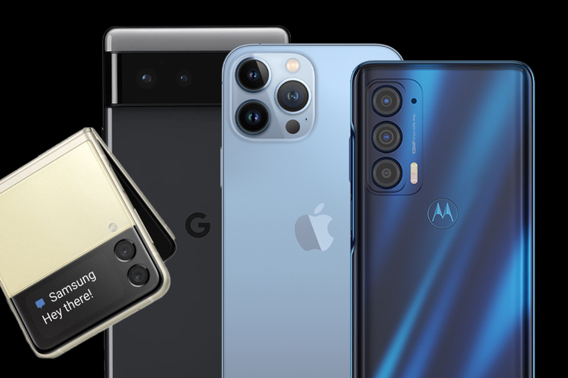 line up of 2021 smartphones: Apple iPhone 13, Samsung Fold, Google Pixel 6, Motorola Edge