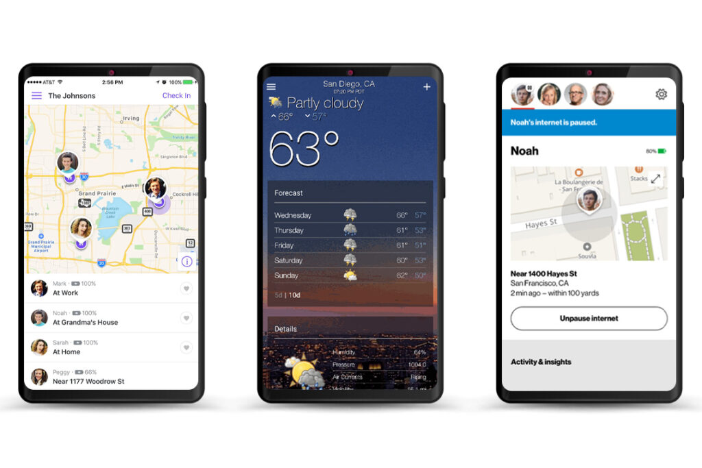 A trio of smartphones display various mobile weather apps.