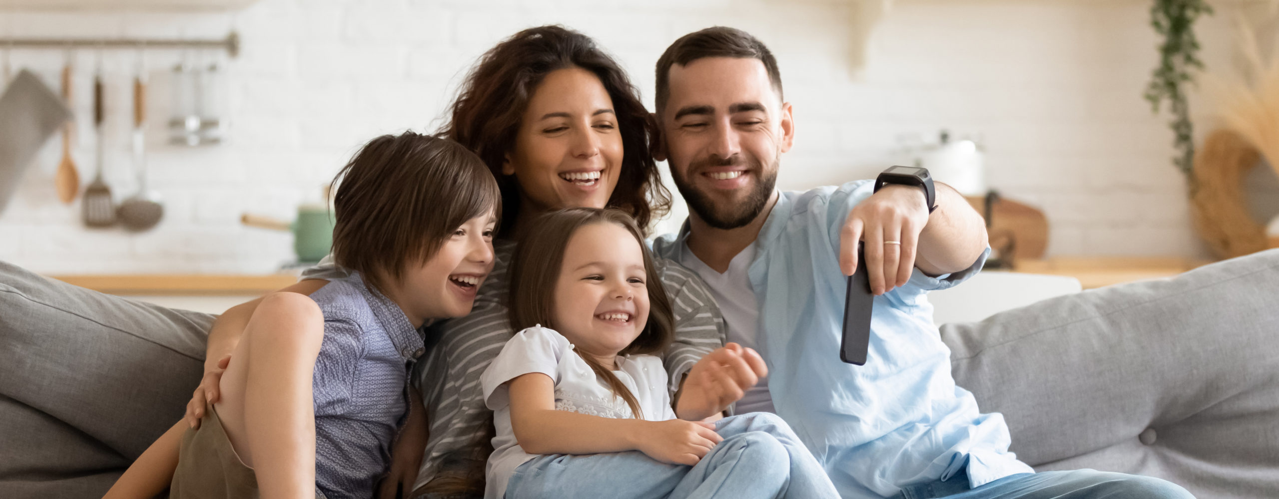 Happy family with kids have fun making selfies