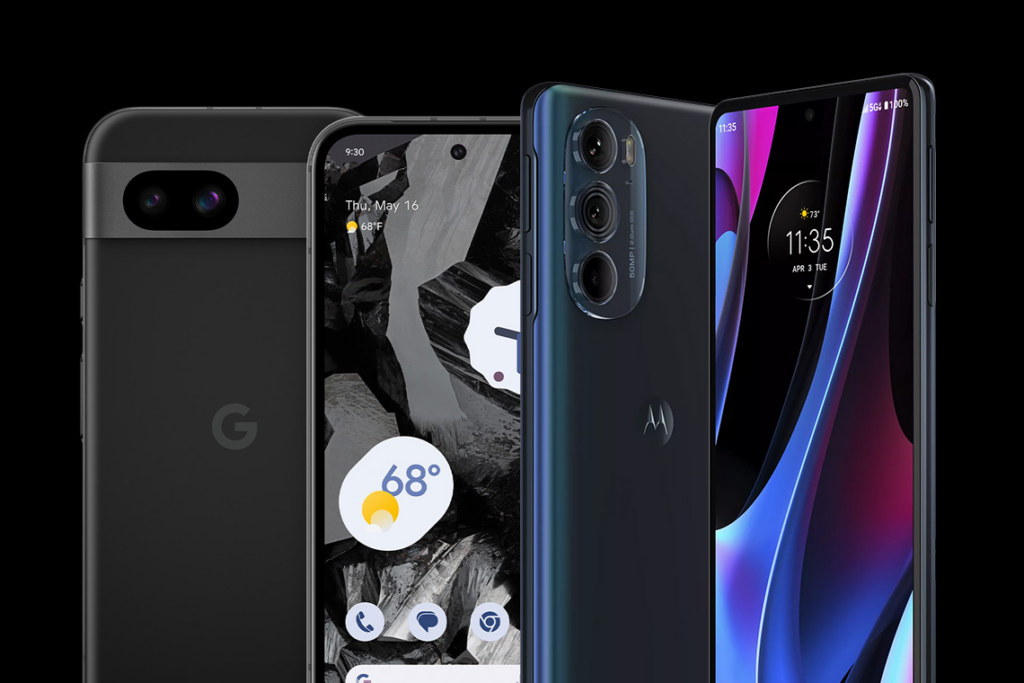 Google Pixel 8a and Motorola Edge smartphones, shown front and back, against a black backdrop.