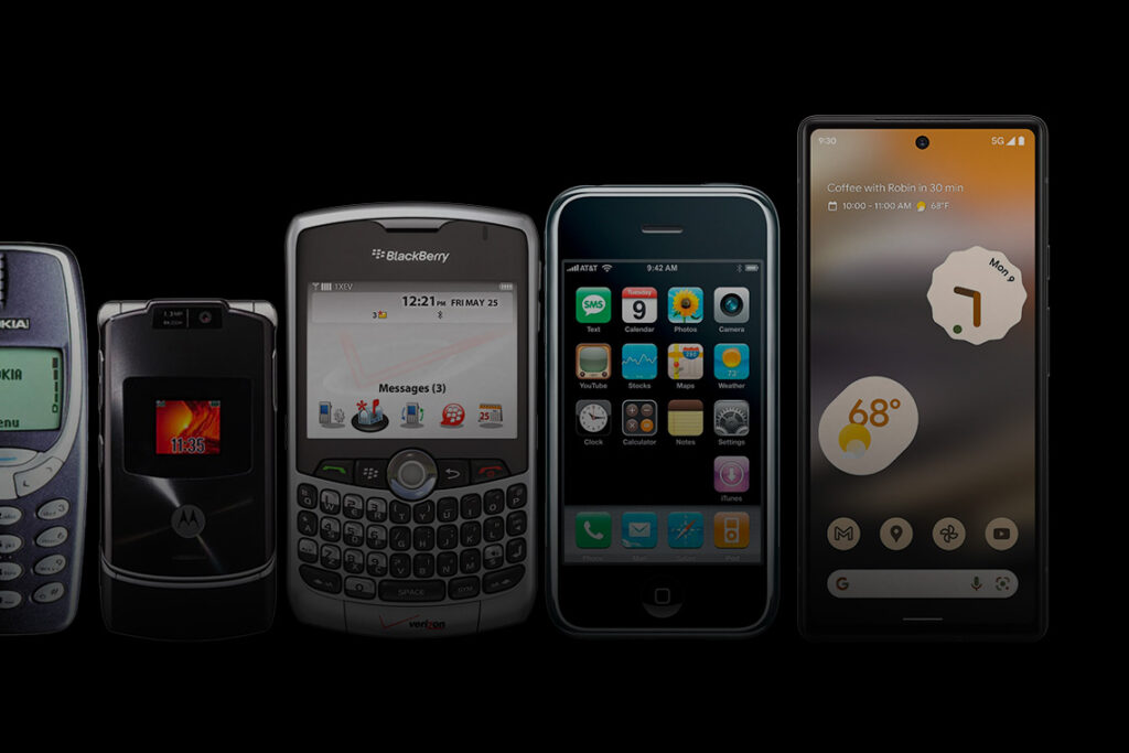 A lineup of cellular phones and smartphones, from the 90s to 2023.