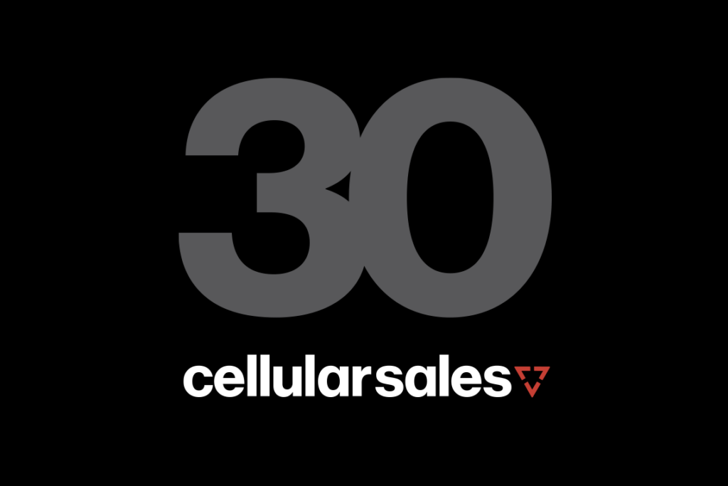 Cellular Sales 30th anniversary graphic, with large number 30 in gray over the company logo in white, on a black background.