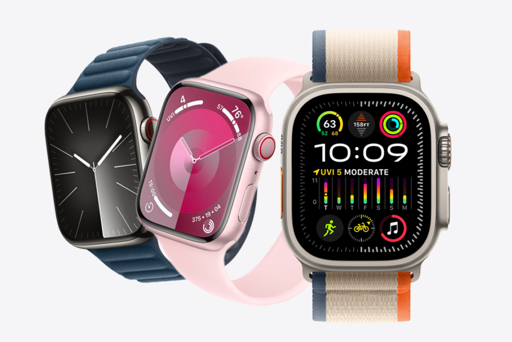 Composite image of Apple Watch Series 9 in blue and pink, next to Apple Watch Ultra 2. 
