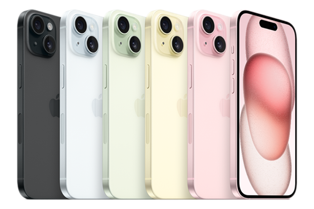 A row of Apple iPhone 15 smartphones, from left to right: Black, Blue, Green, Yellow, Pink