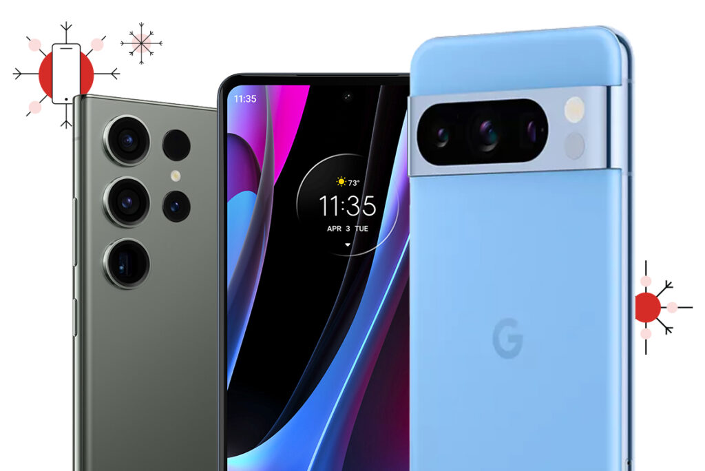 A trio of smartphones with a techy holiday snowflake treatment in the background.