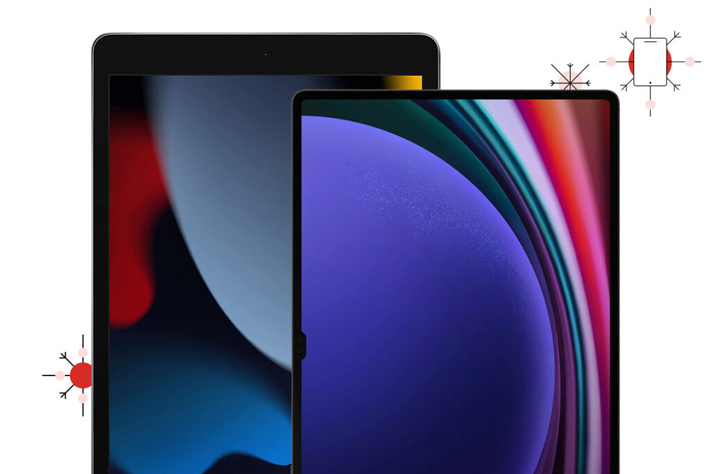 Two tablets with colorful homescreens. Tech devices designed to look like snowflakes appear alongside. 