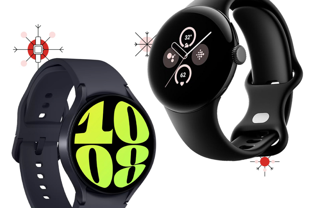 Two smartwatches in the foreground with a tech snowflake treatment in the background.