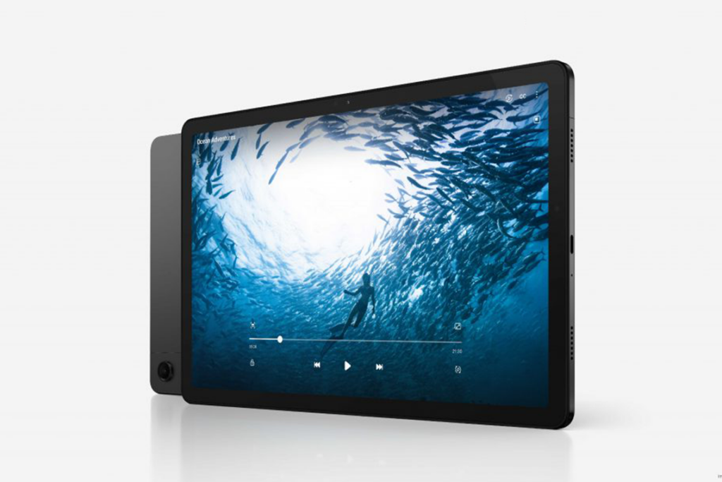 Samsung Galaxy Tab A9+ 5G tablet, with a blue underwater desktop backgroung.