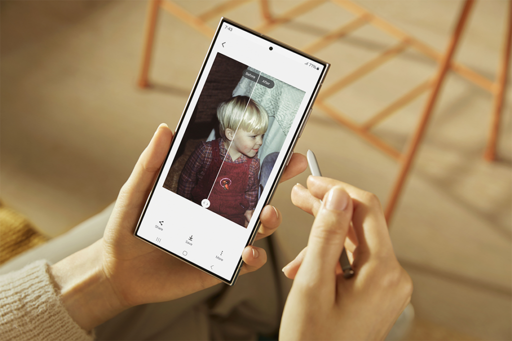 Samsung Galaxy S24 Ultra with screen showing photo editing feature.