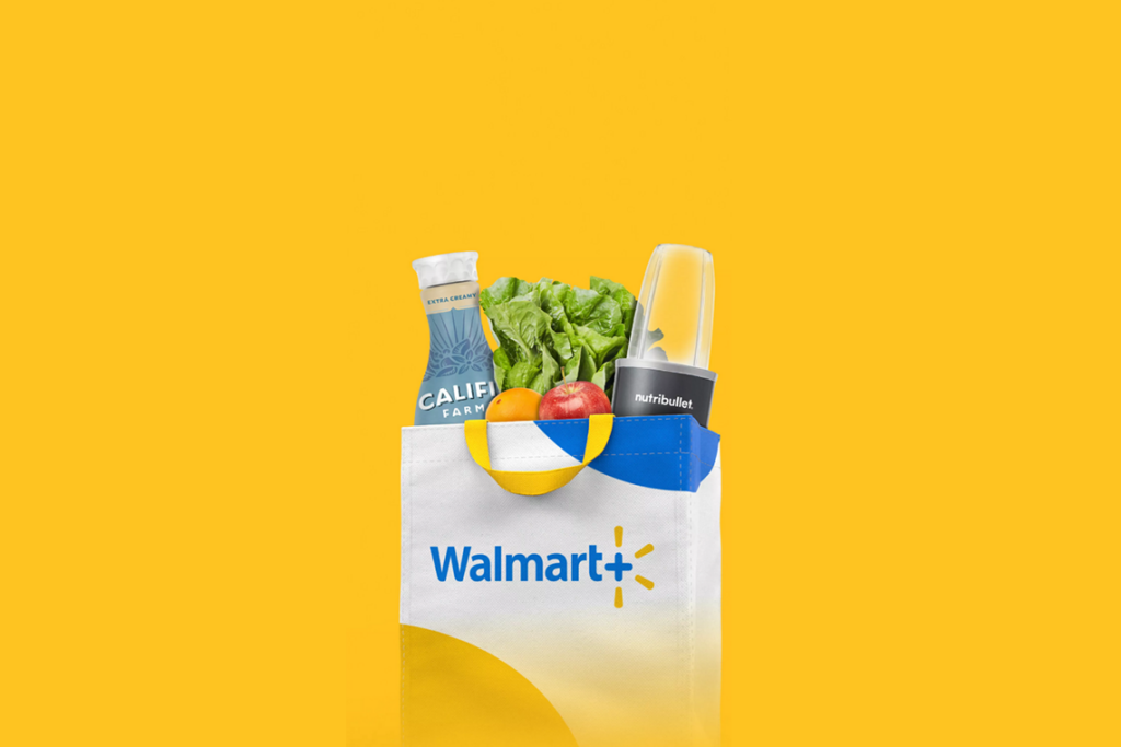 A bag showing the Walmart+ app logo, full of groceries, on a yellow background.