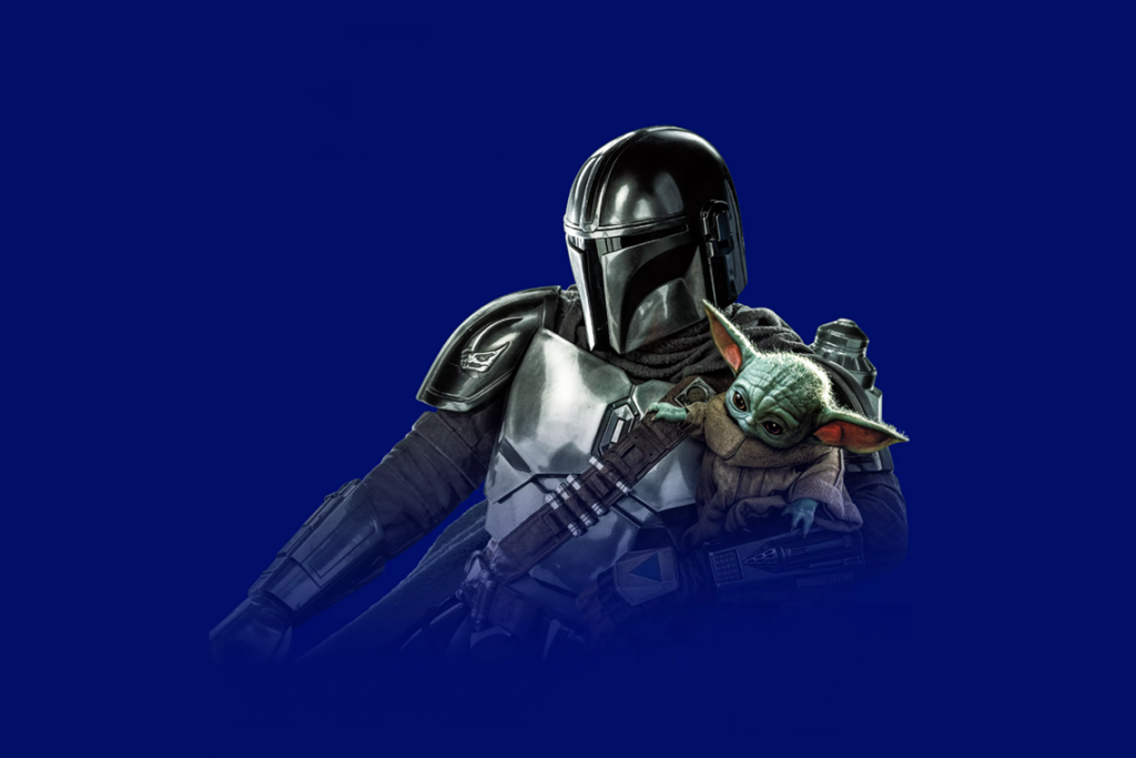Disney+ character, The Mandalorian, on a dark blue background