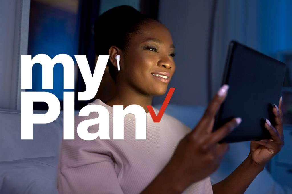 A young black woman wearing earbuds and a light pink sweatshirt smiles her lit smartphone screen with "myPlan" in the foreground.