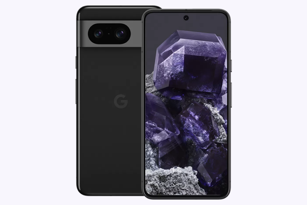 Black Google Pixel 8 smartphone, shown from the back and the front. The front display shows a purple gem-like desktop.