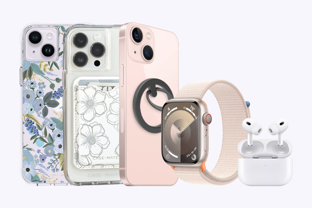 Smartphone case, smartwatch, and earbuds shown in a group.
