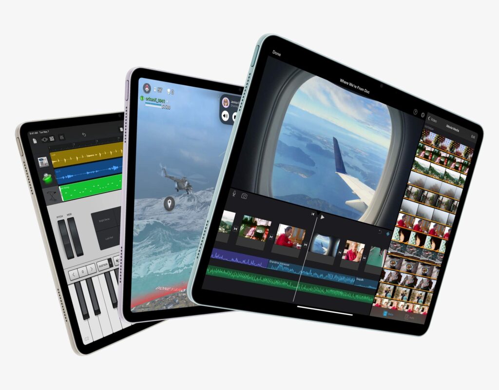 A trio of 2024 iPad Air tablets, arranged in an arc. Each display shows a game or app.