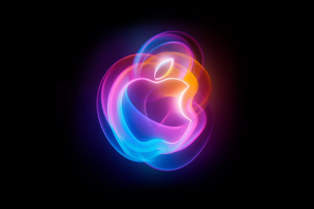 Apple logo overlayed in neon blue, pink, and orange shades.