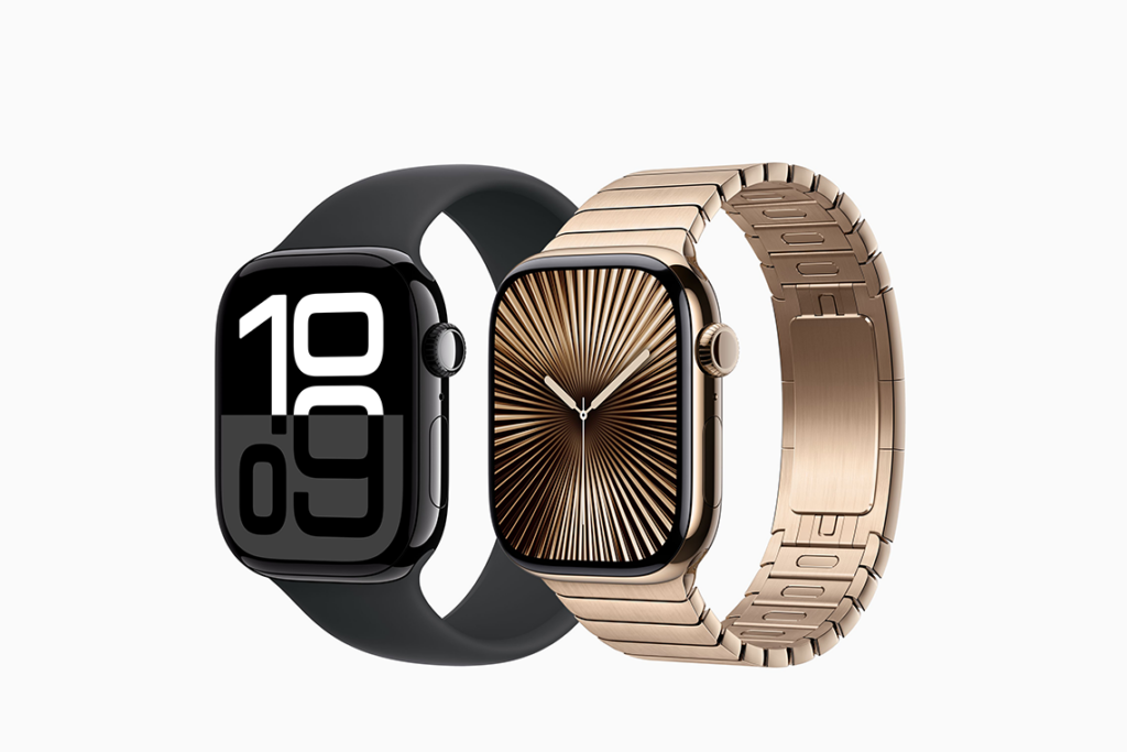 Apple Watch Series 10 models shown side by side, in Jet Black aluminum and Gold Titanium.