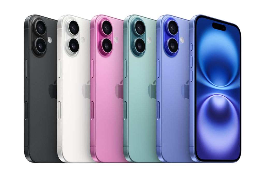 A lineup of Apple iPhone 16 devices from left to right in black, white, pink, teal, and ultramarine blue.