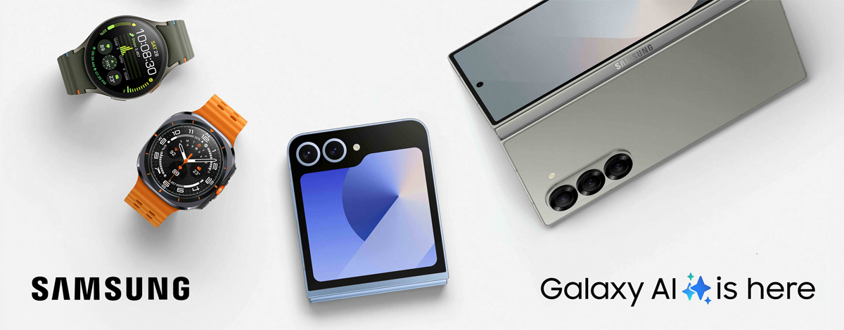 An arrangement of devices showing Samsung Galaxy Watch7, Watch Ultra, Galaxy Z Flip6, and Galaxy Z Fold6.
