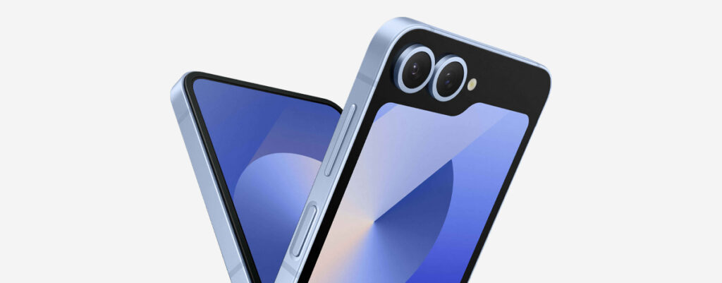 Samsung Galaxy Z Flip6 partially unfolded, with an abstract blue background on the front and inside displays.