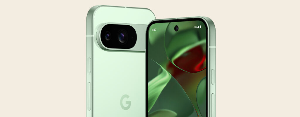 Front and back views of Google Pixel 9 in Wintergreen, with an abstract green screen wallpaper.