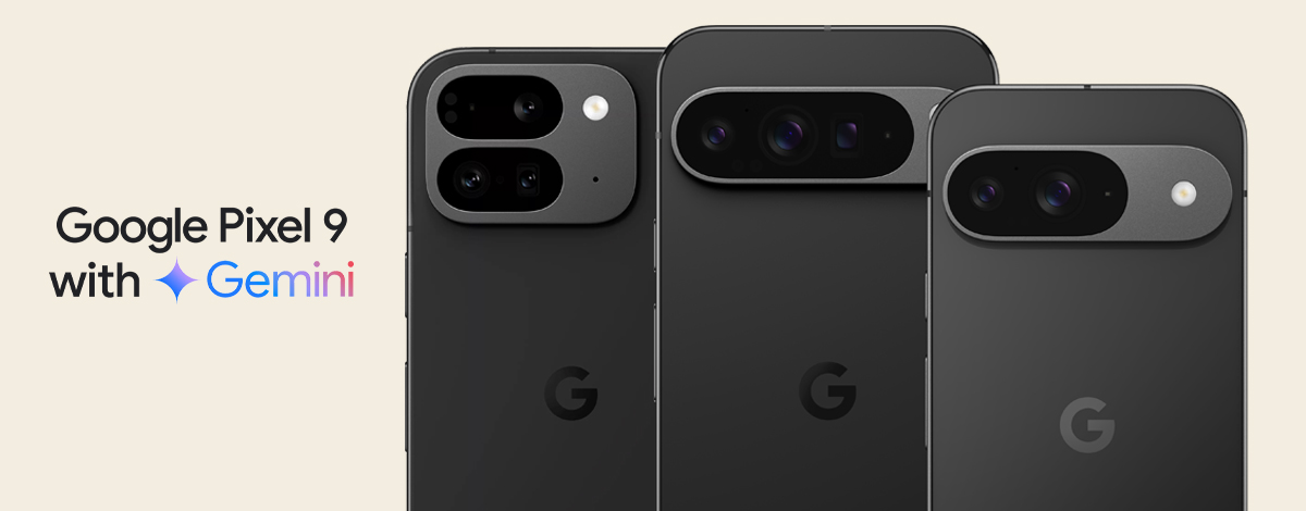 Lineup of Google Pixel 9, Pixel 9 Pro, and Pixel 9 Pro Fold in Obsidian, with the text "Google Pixel 9 with Gemini."