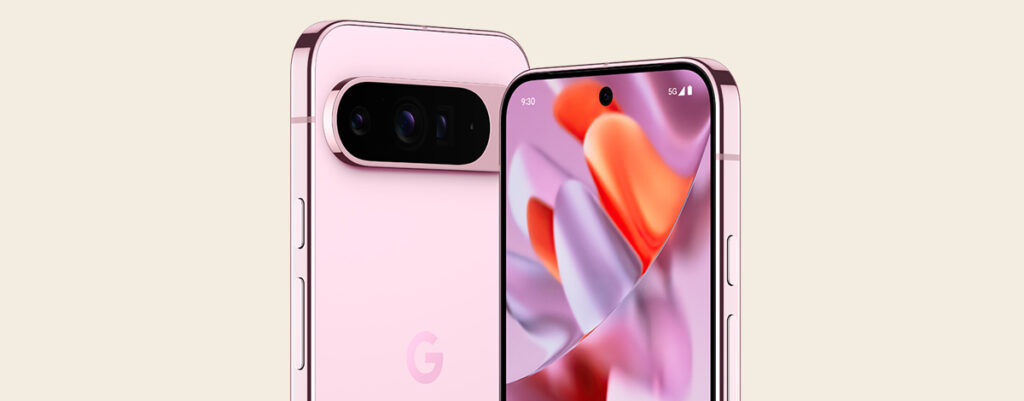 Front and back view of Google Pixel 9 Pro in Peony, with an abstract pink, purple, and orange screen wallpaper.