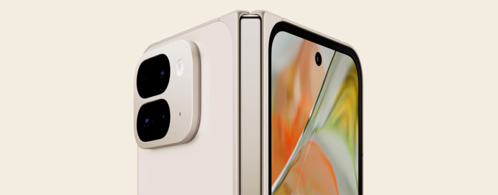 Front and back views of Google Pixel Pro 9 Fold in Porcelain, with a colorful abstract screen wallpaper.