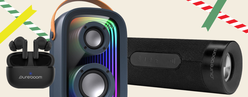 Bluetooth speakers and earbuds against a beige background with festive striped tape.