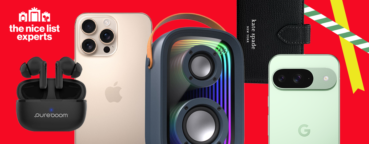An assortment of smartphones and wireless tech against a red background with festive yellow and green striped tape. Gift icons along with the text "nice list experts" sit at the top left corner of the graphic.