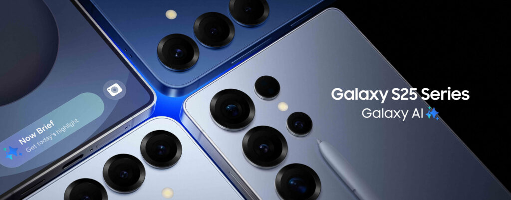 Samsung Galaxy S25, S25+, and S25 Ultra laid in a quadrant on a black background, overlayed by the Galaxy and Galaxy AI logos.